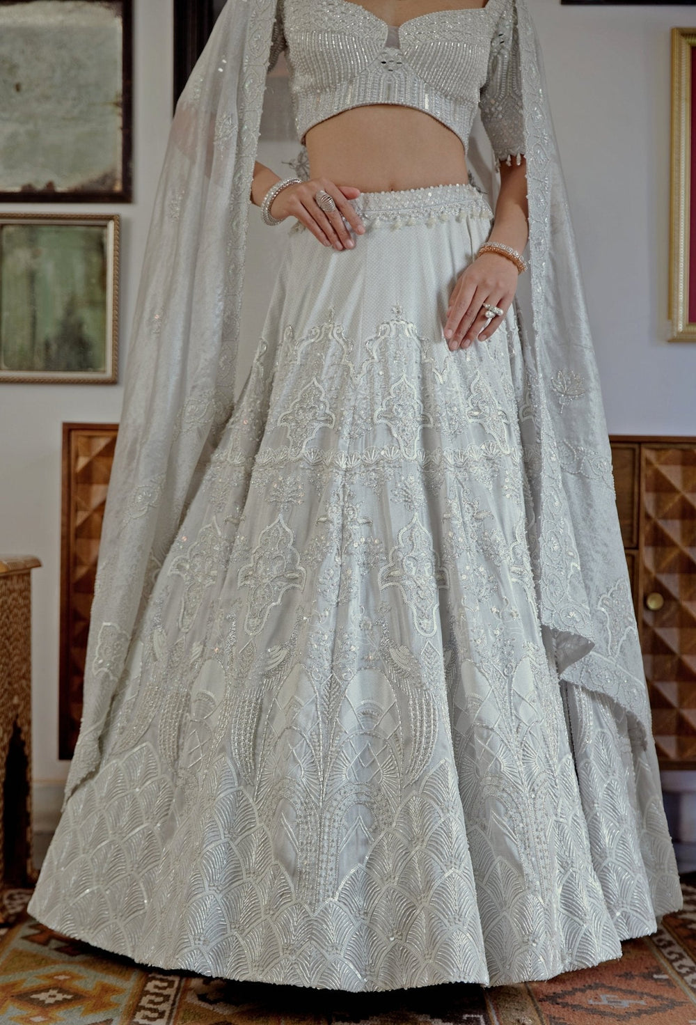 White Embroidered Silver Brocade Bridal Lehenga Set Moledro - Fabilicious Fashion