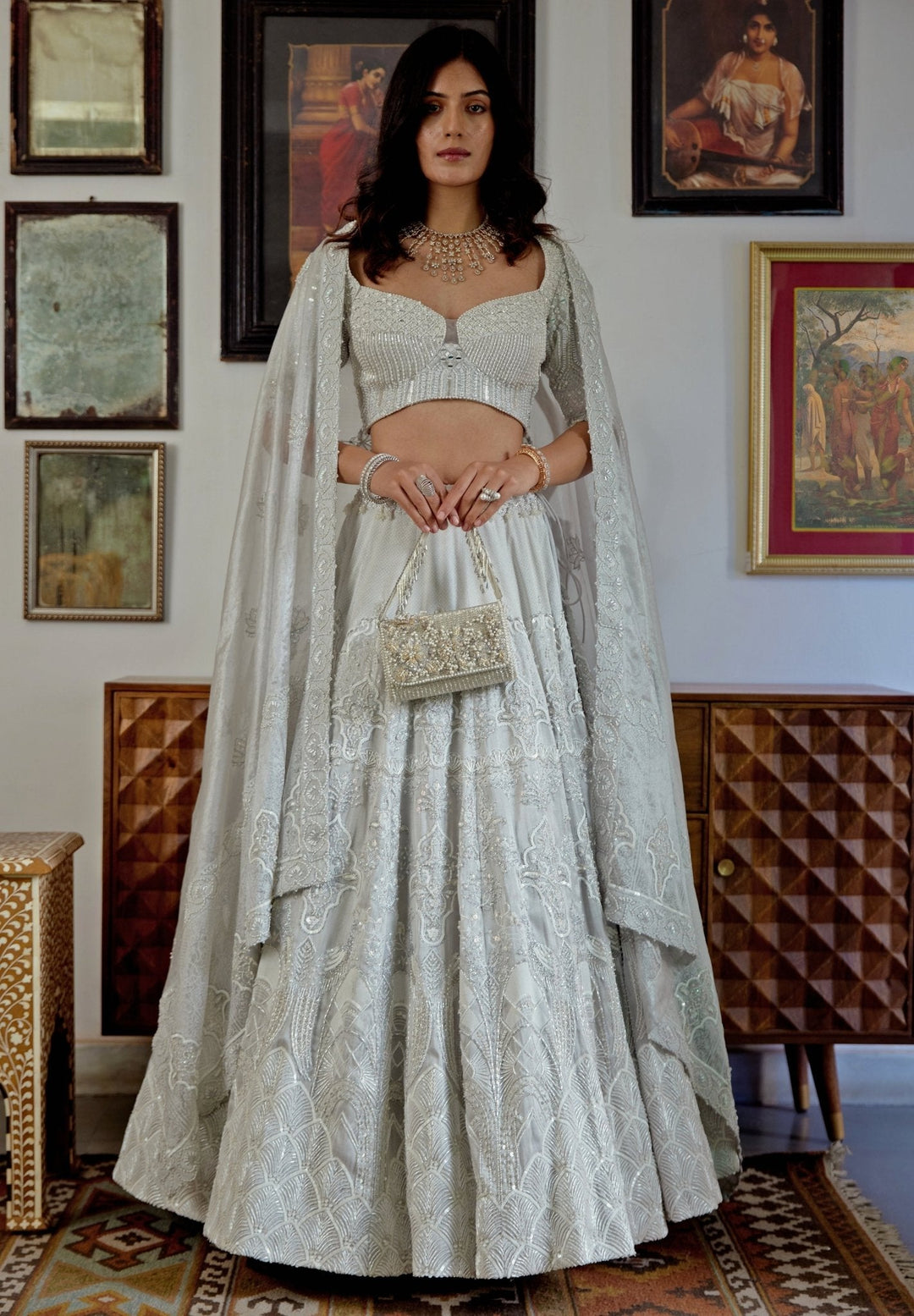 White Embroidered Silver Brocade Bridal Lehenga Set Moledro - Fabilicious Fashion