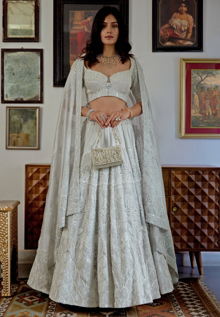 White Embroidered Silver Brocade Bridal Lehenga Set Moledro - Fabilicious Fashion