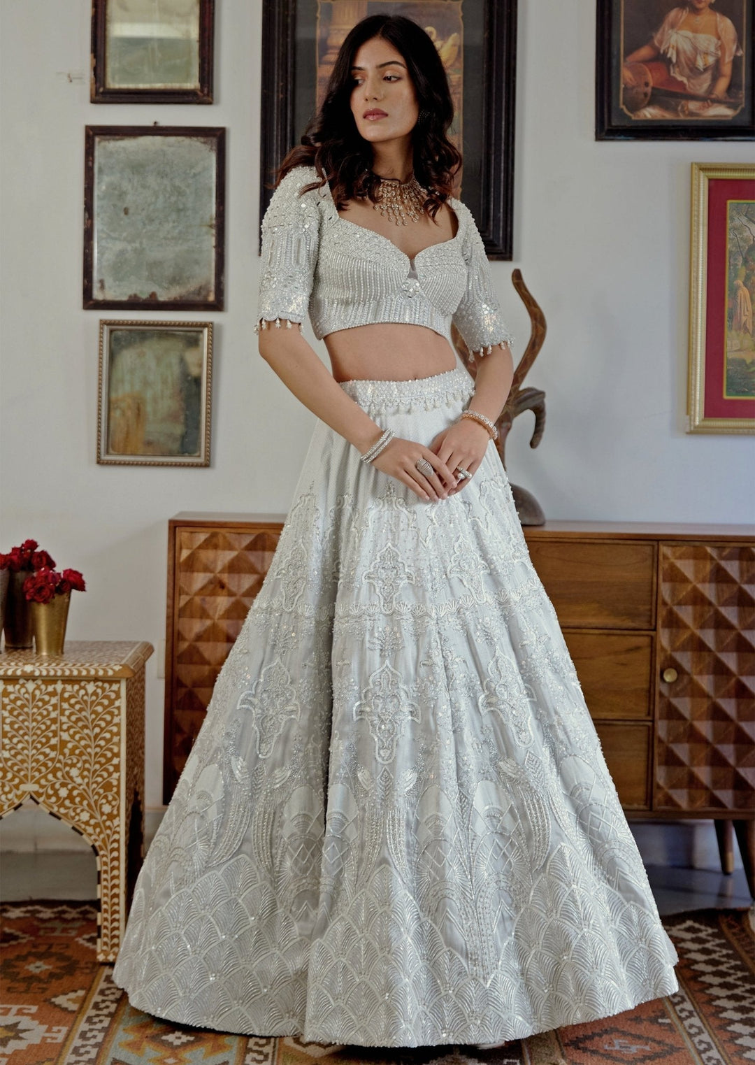 White Embroidered Silver Brocade Bridal Lehenga Set Moledro - Fabilicious Fashion