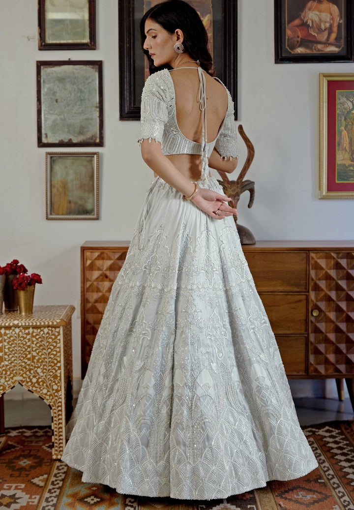 White Embroidered Silver Brocade Bridal Lehenga Set Moledro - Fabilicious Fashion