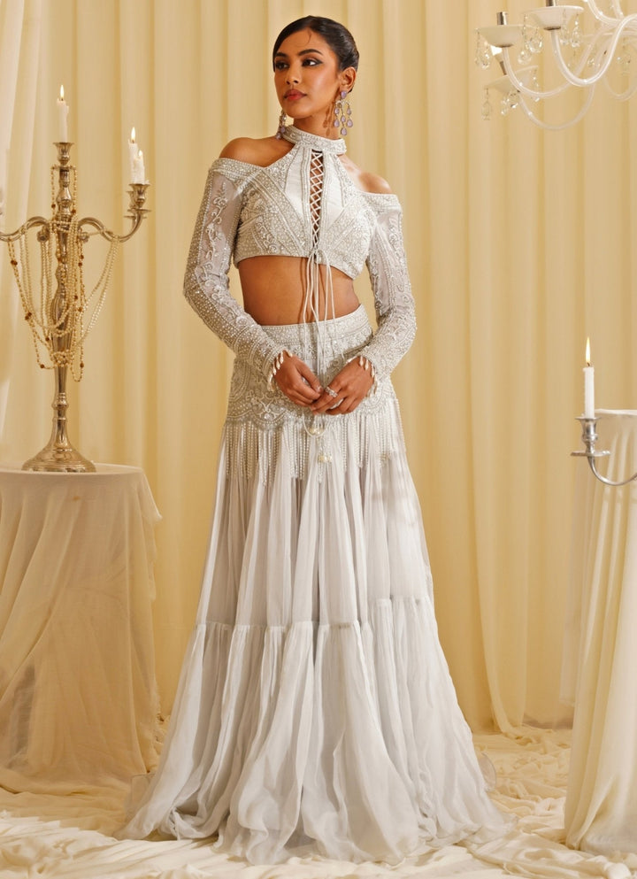 White Embroidered Skirt With Halter Blouse Jade by Ashima - Fabilicious Fashion