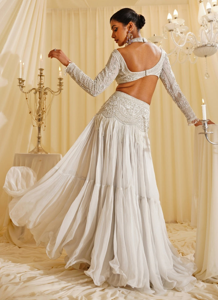 White Embroidered Skirt With Halter Blouse Jade by Ashima - Fabilicious Fashion