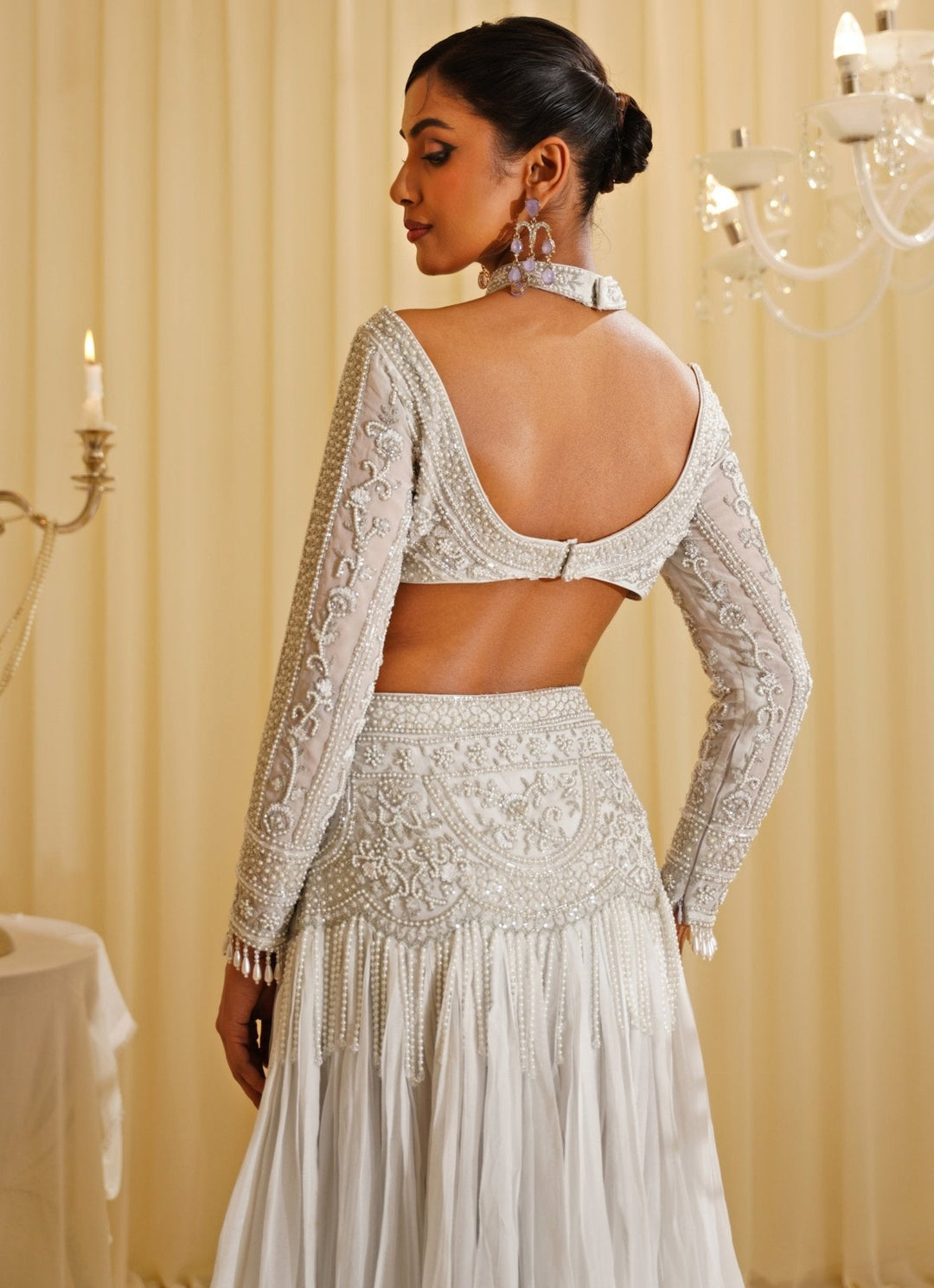 White Embroidered Skirt With Halter Blouse Jade by Ashima - Fabilicious Fashion