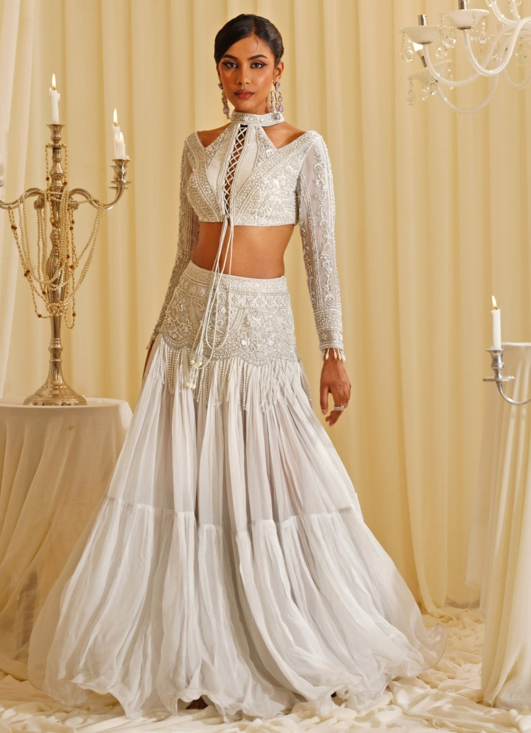 White Embroidered Skirt With Halter Blouse Jade by Ashima - Fabilicious Fashion