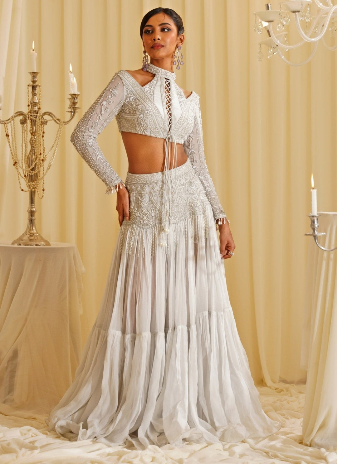 White Embroidered Skirt With Halter Blouse Jade by Ashima - Fabilicious Fashion