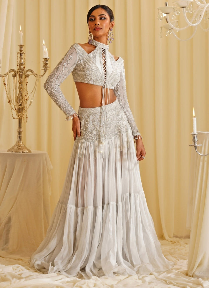 White Embroidered Skirt With Halter Blouse Jade by Ashima - Fabilicious Fashion