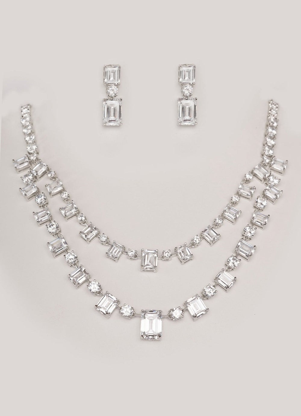 White Finish 2 Layer Diamond Necklace Set Zevar by Geeta - Fabilicious Fashion