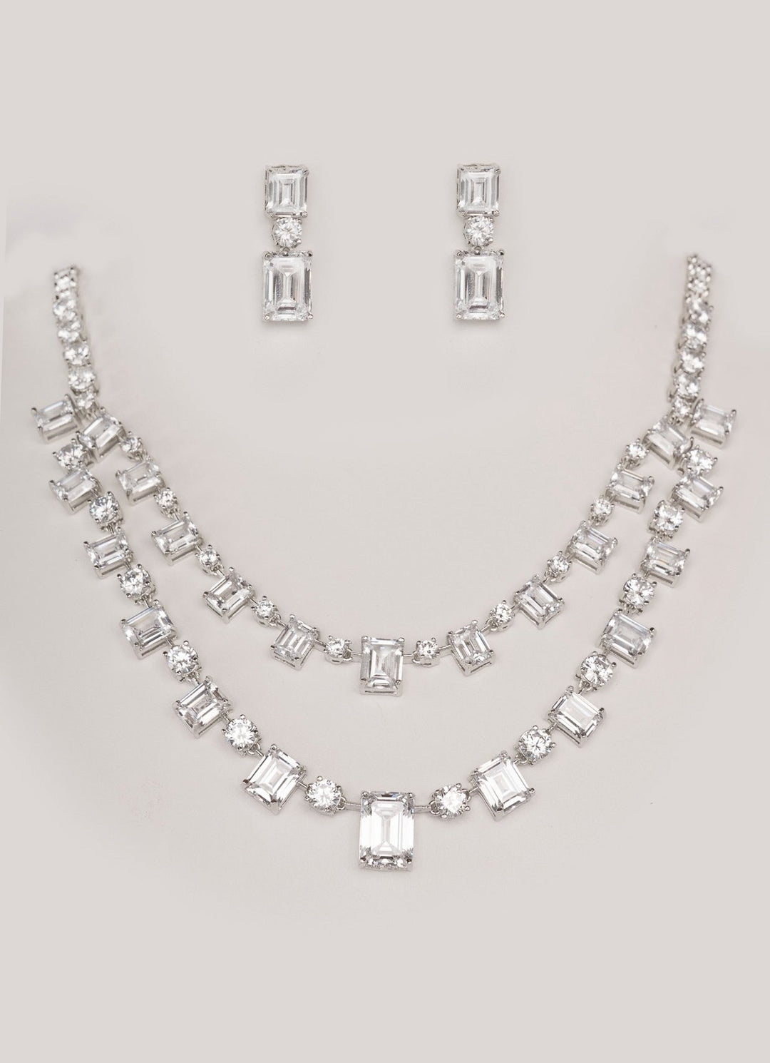 White Finish 2 Layer Diamond Necklace Set Zevar by Geeta - Fabilicious Fashion