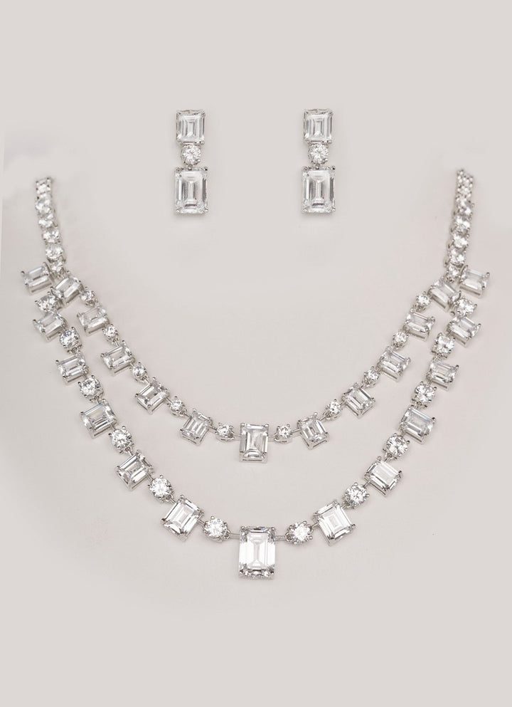White Finish 2 Layer Diamond Necklace Set Zevar by Geeta - Fabilicious Fashion
