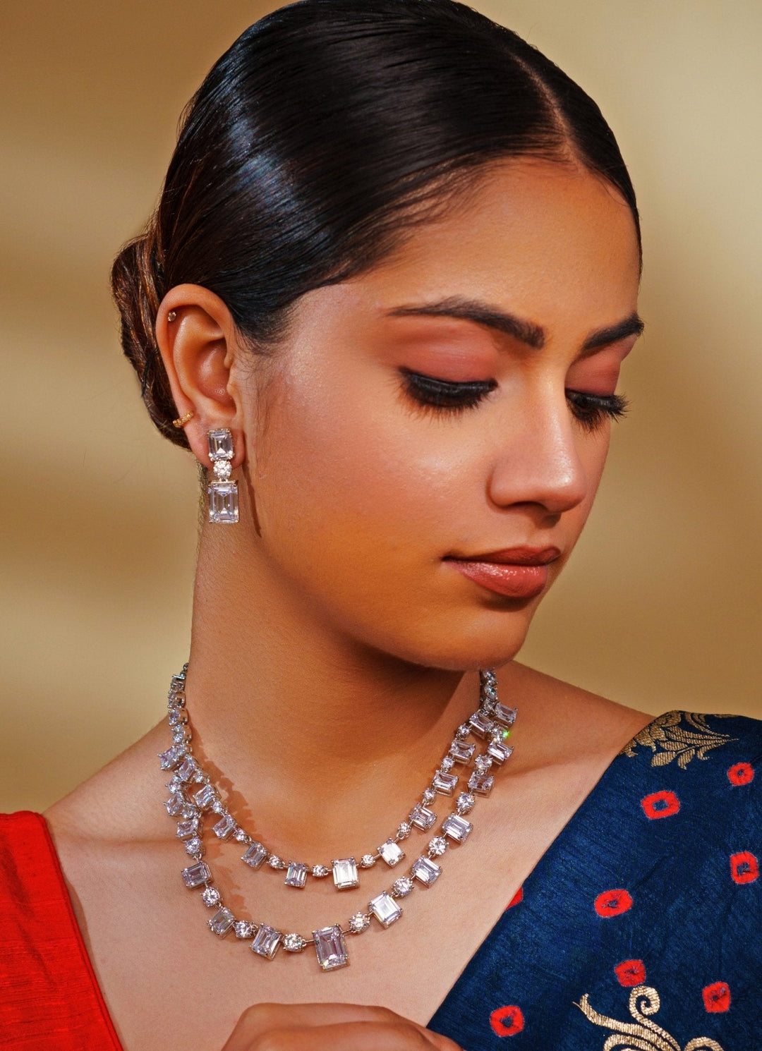 White Finish 2 Layer Diamond Necklace Set Zevar by Geeta - Fabilicious Fashion