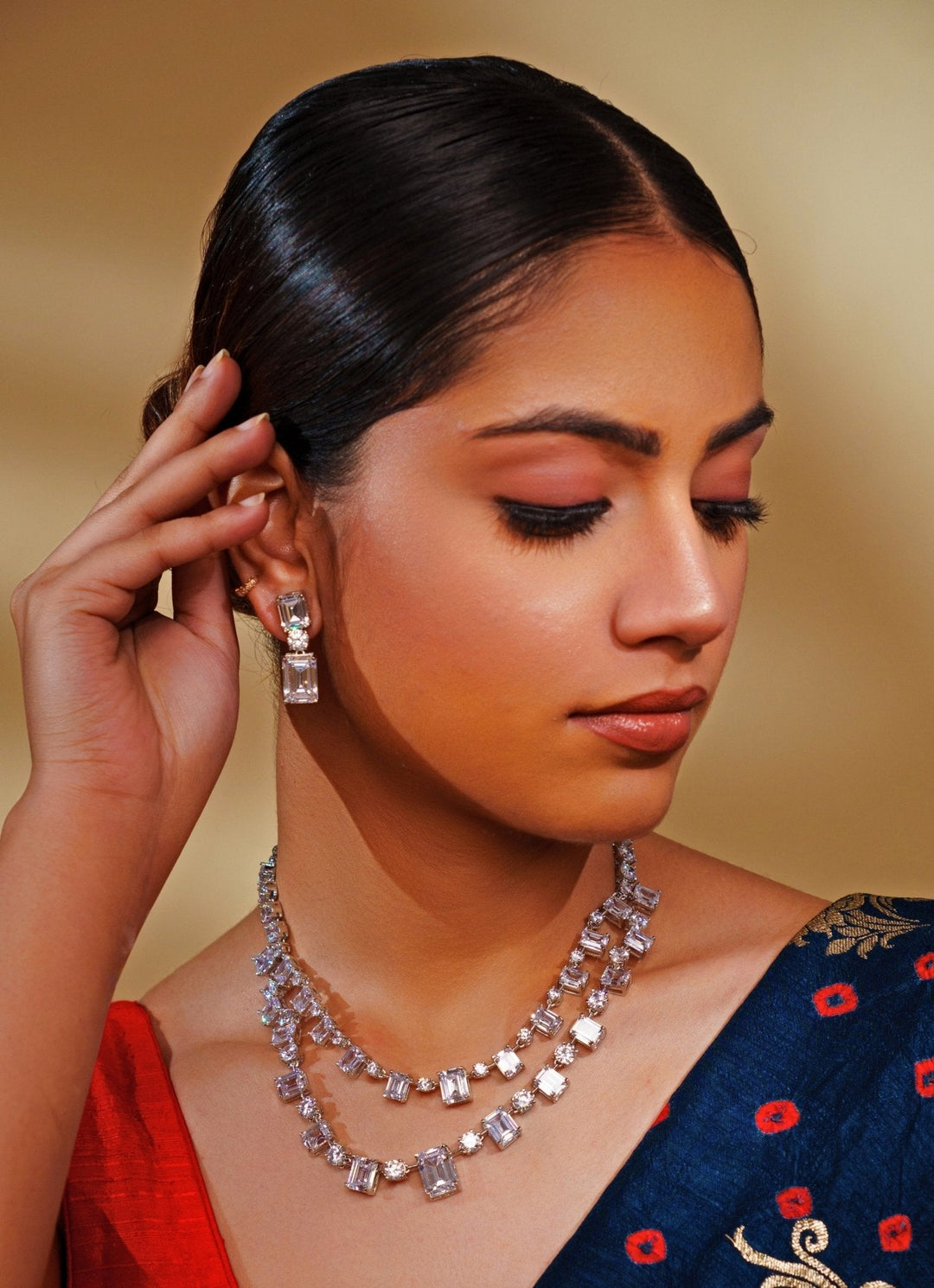 White Finish 2 Layer Diamond Necklace Set Zevar by Geeta - Fabilicious Fashion
