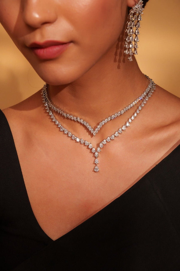 White Finish 2 - Layer Diamond Necklace Set Zevar by Geeta - Fabilicious Fashion