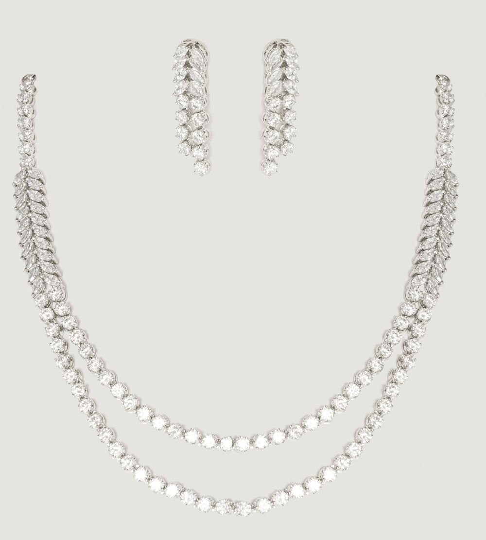 White Finish 2 Layer Diamond Necklace Set Zevar By Geeta - Fabilicious Fashion