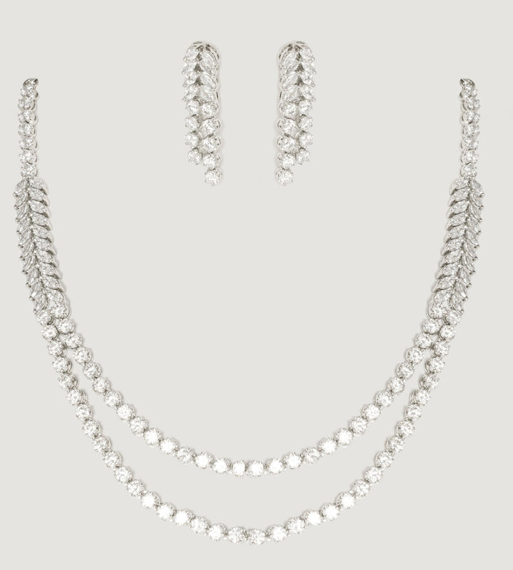 White Finish 2 Layer Diamond Necklace Set Zevar By Geeta - Fabilicious Fashion