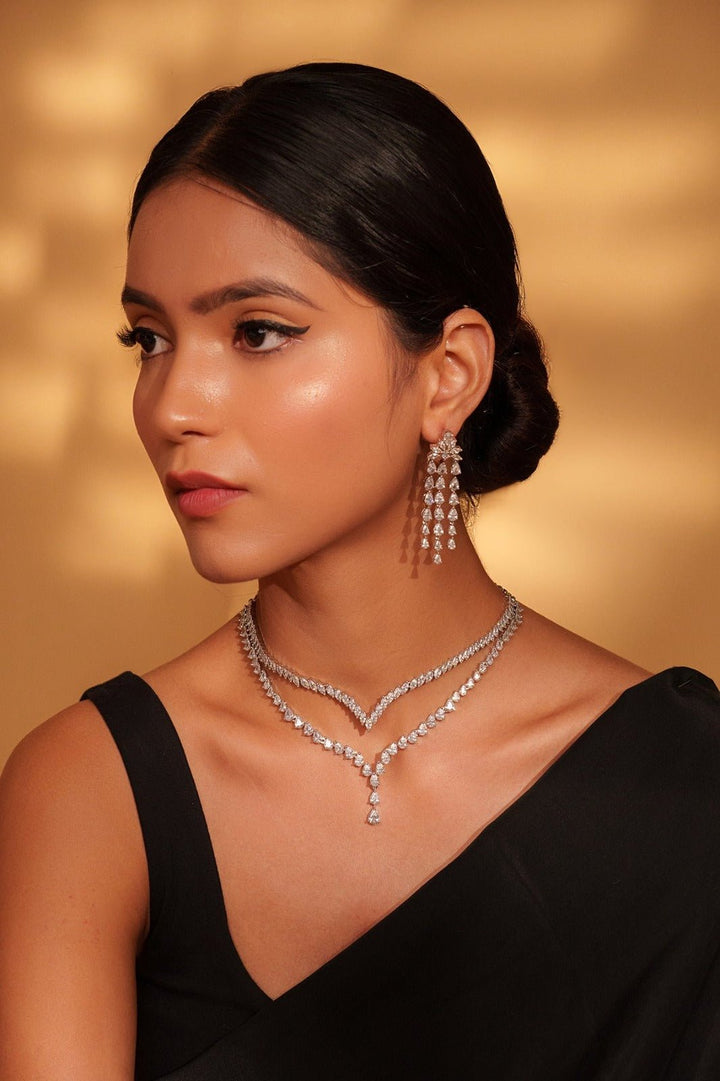 White Finish 2 - Layer Diamond Necklace Set Zevar by Geeta - Fabilicious Fashion
