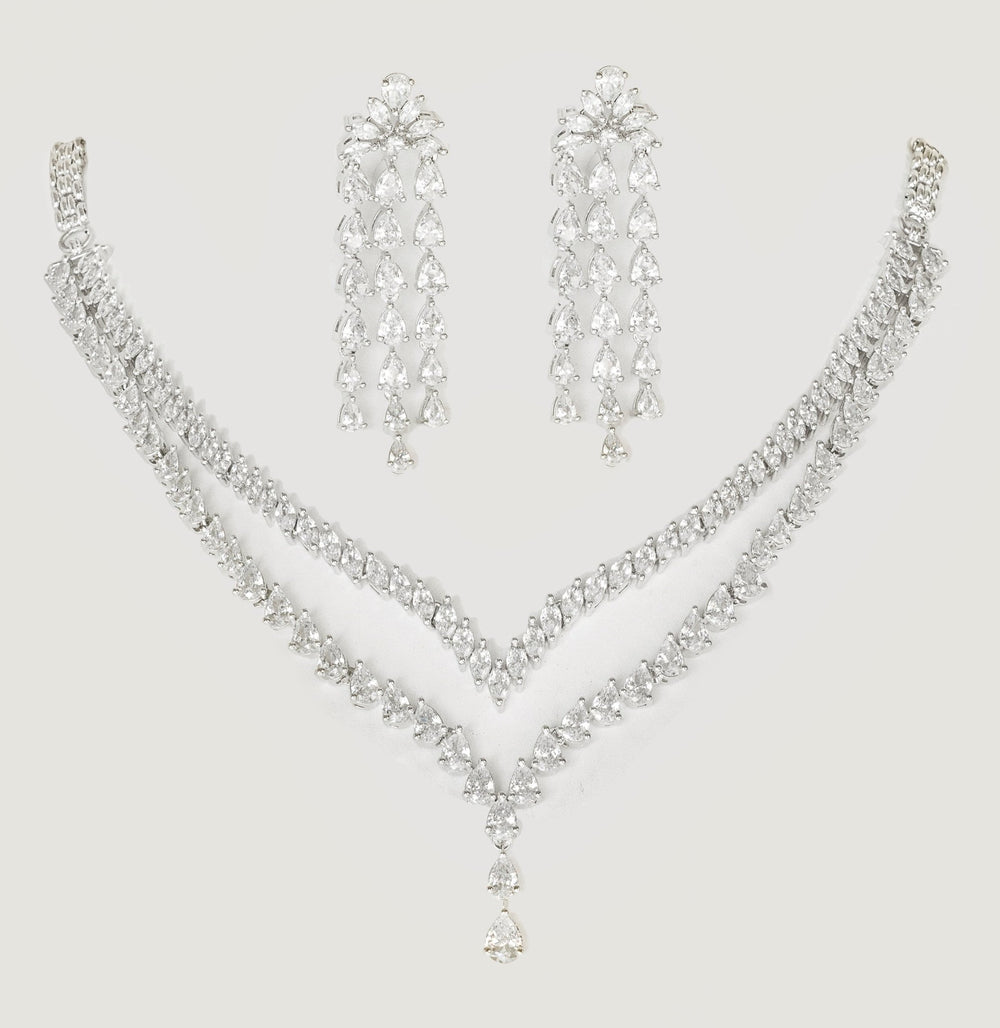 White Finish 2 - Layer Diamond Necklace Set Zevar By Geeta - Fabilicious Fashion
