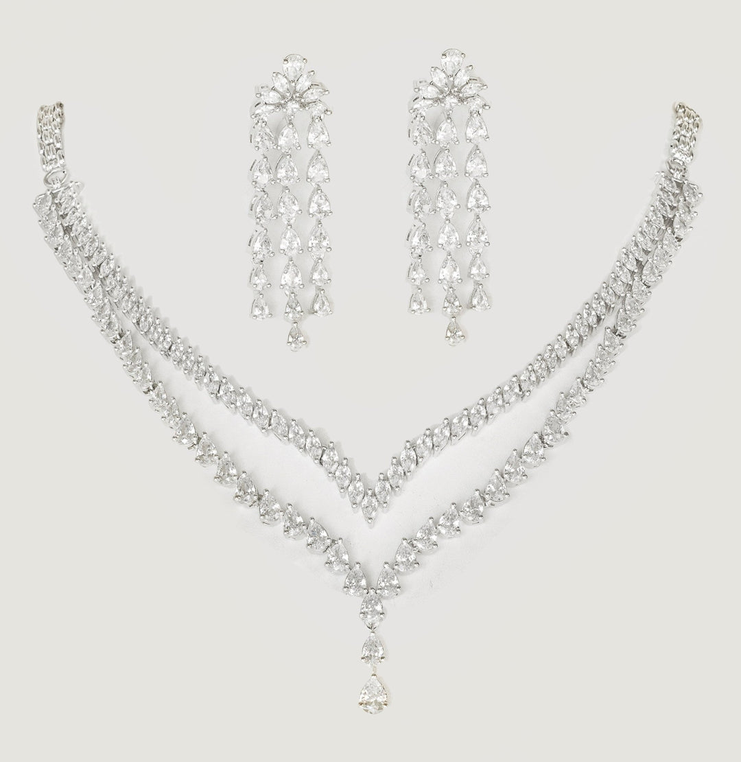 White Finish 2 - Layer Diamond Necklace Set Zevar By Geeta - Fabilicious Fashion