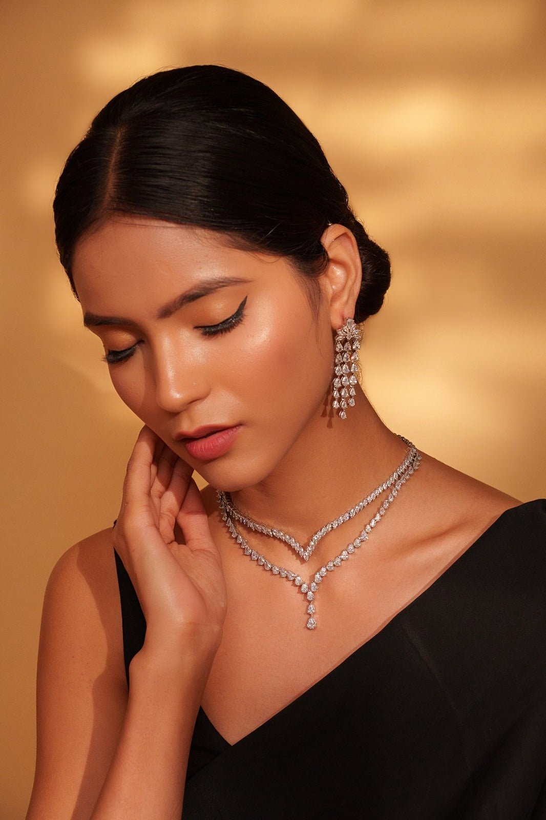 White Finish 2 - Layer Diamond Necklace Set Zevar by Geeta - Fabilicious Fashion