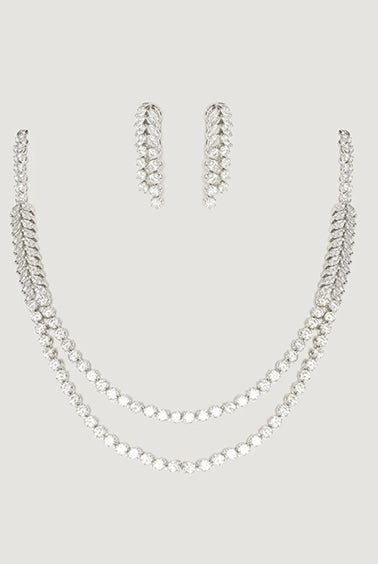 White Finish 2 Layer Diamond Necklace Set Zevar By Geeta - Fabilicious Fashion