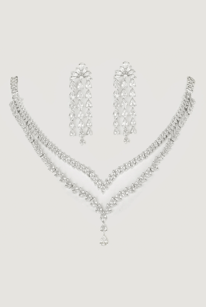 White Finish 2 - Layer Diamond Necklace Set Zevar By Geeta - Fabilicious Fashion
