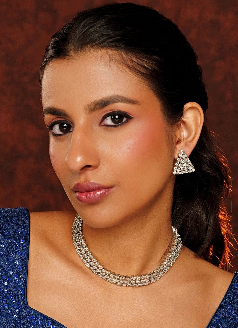 White Finish 3 Layer Diamond Necklace Set Zevar By Geeta - Fabilicious Fashion
