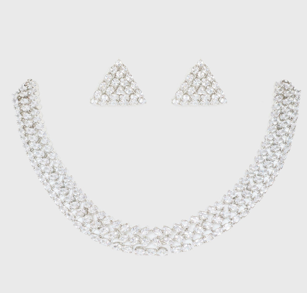 White Finish 3 Layer Diamond Necklace Set Zevar By Geeta - Fabilicious Fashion