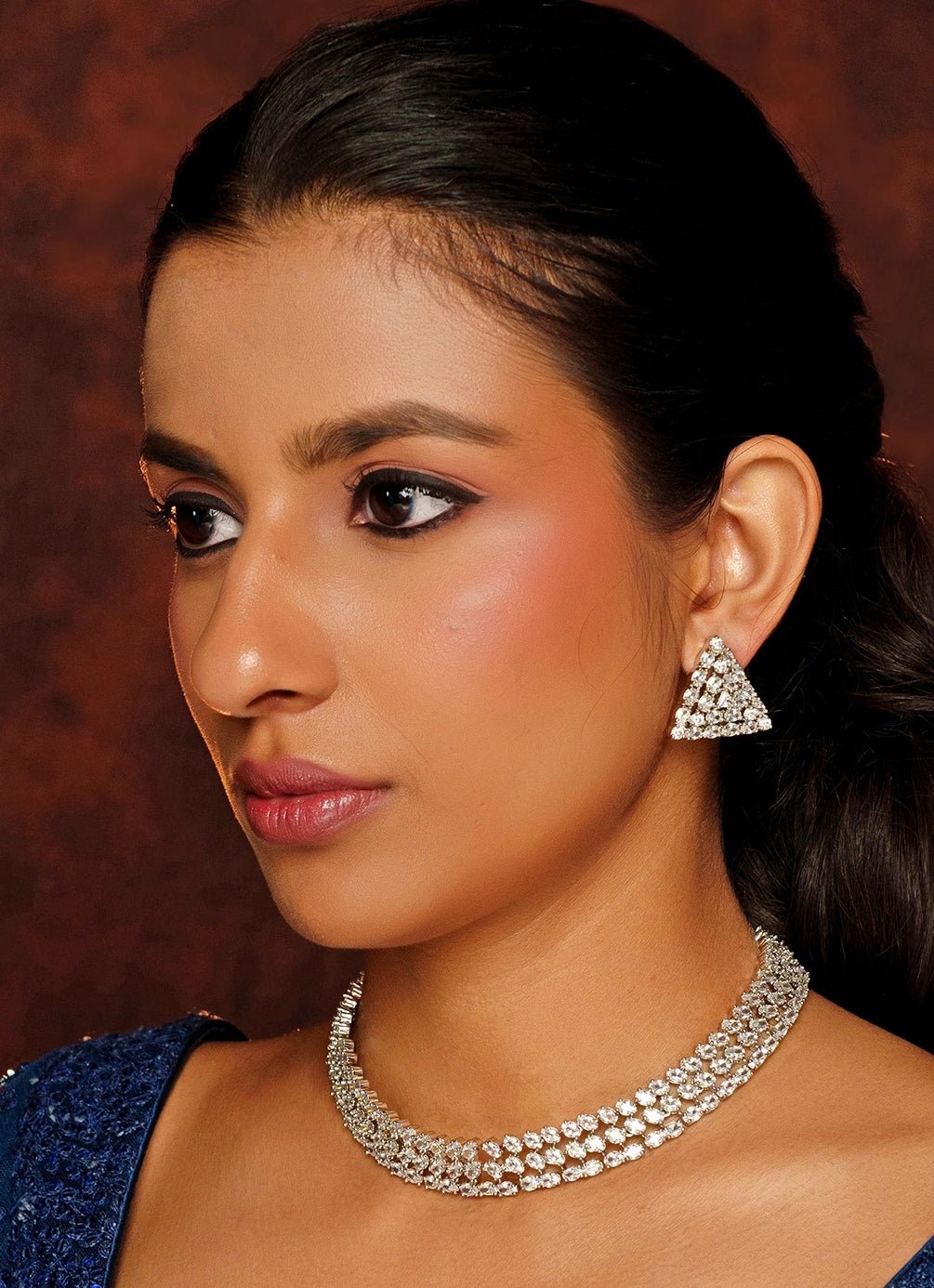 White Finish 3 Layer Diamond Necklace Set Zevar By Geeta - Fabilicious Fashion