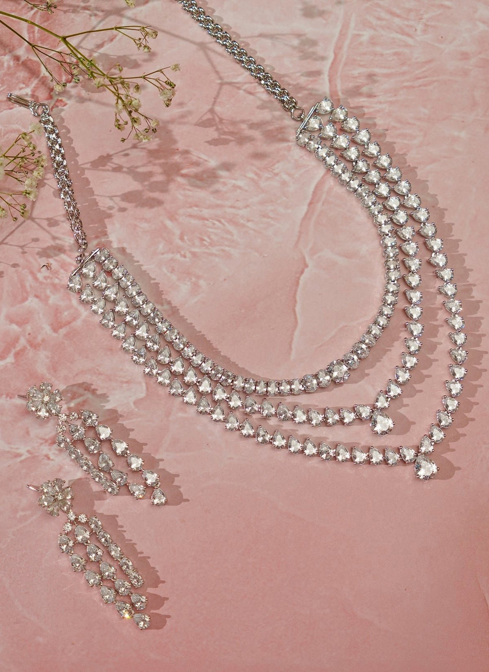 White Finish 3 Line Layered Diamond Necklace Set Zevar By Geeta - Fabilicious Fashion