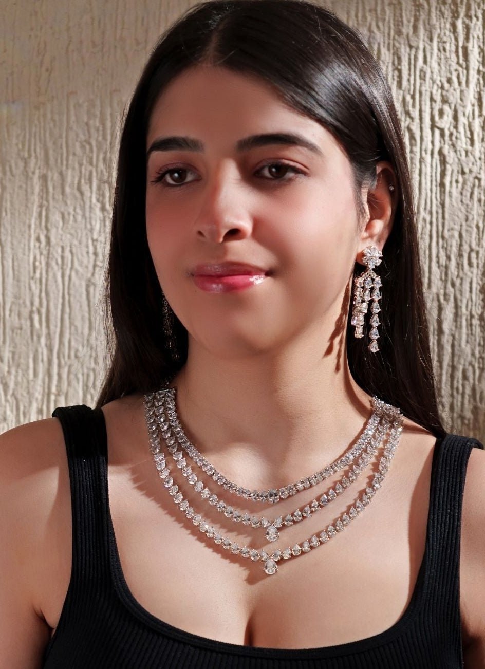 White Finish 3 Line Layered Diamond Necklace Set Zevar By Geeta - Fabilicious Fashion