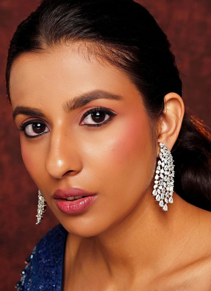 White Finish 4 String Long Diamond Danglers Earrings Zevar By Geeta - Fabilicious Fashion