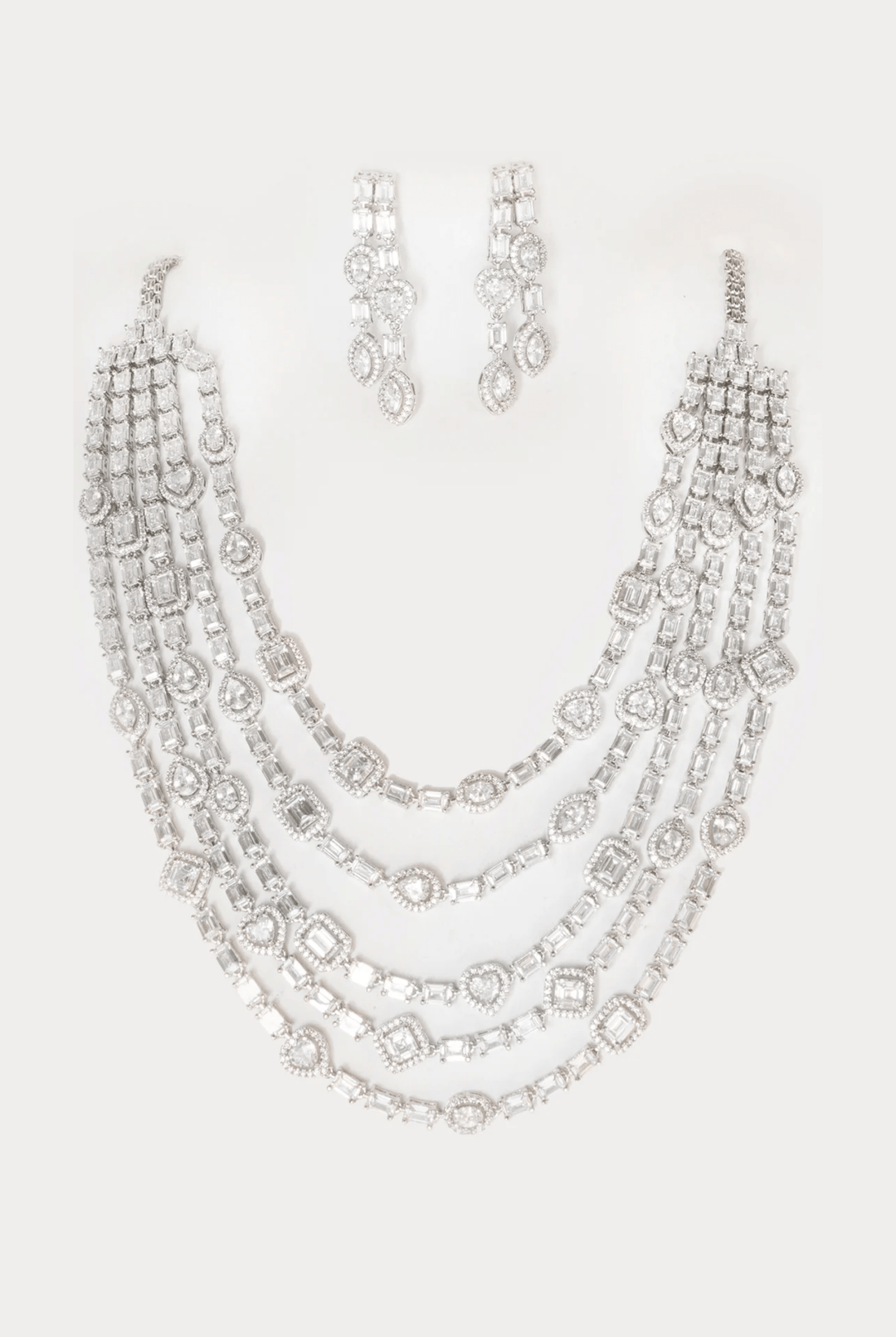 White Finish 5 Layered Diamond Long Necklace Set Zevar By Geeta - Fabilicious Fashion