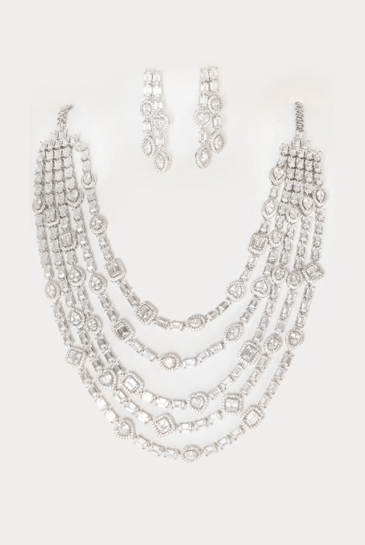 White Finish 5 Layered Diamond Long Necklace Set Zevar By Geeta - Fabilicious Fashion