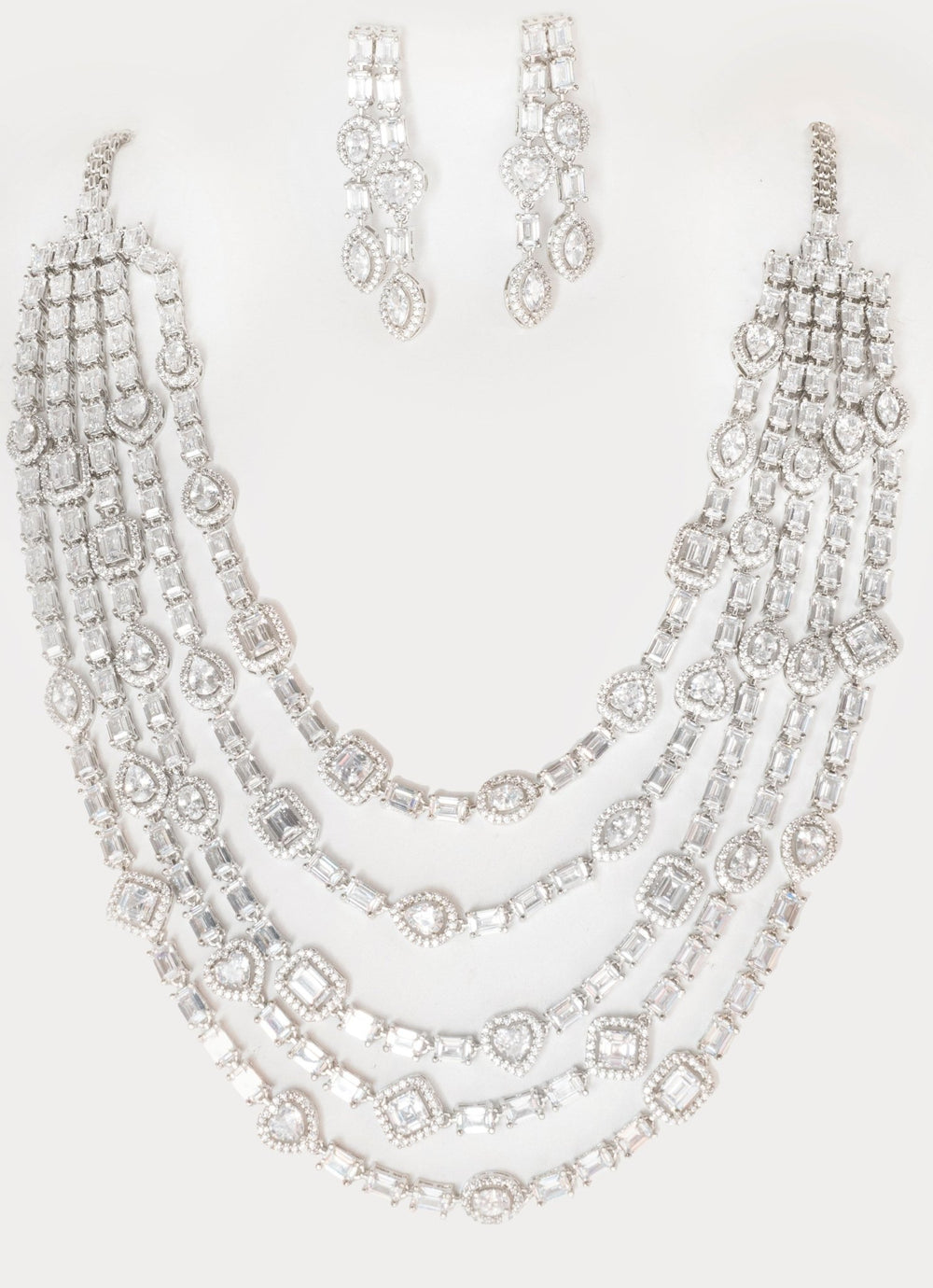 White Finish 5 Layered Diamond Long Necklace Set Zevar By Geeta - Fabilicious Fashion