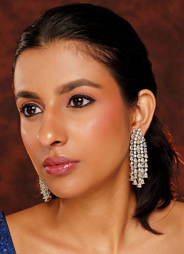 White Finish 5 String Long Diamond Dangler Earrings Zevar By Geeta - Fabilicious Fashion