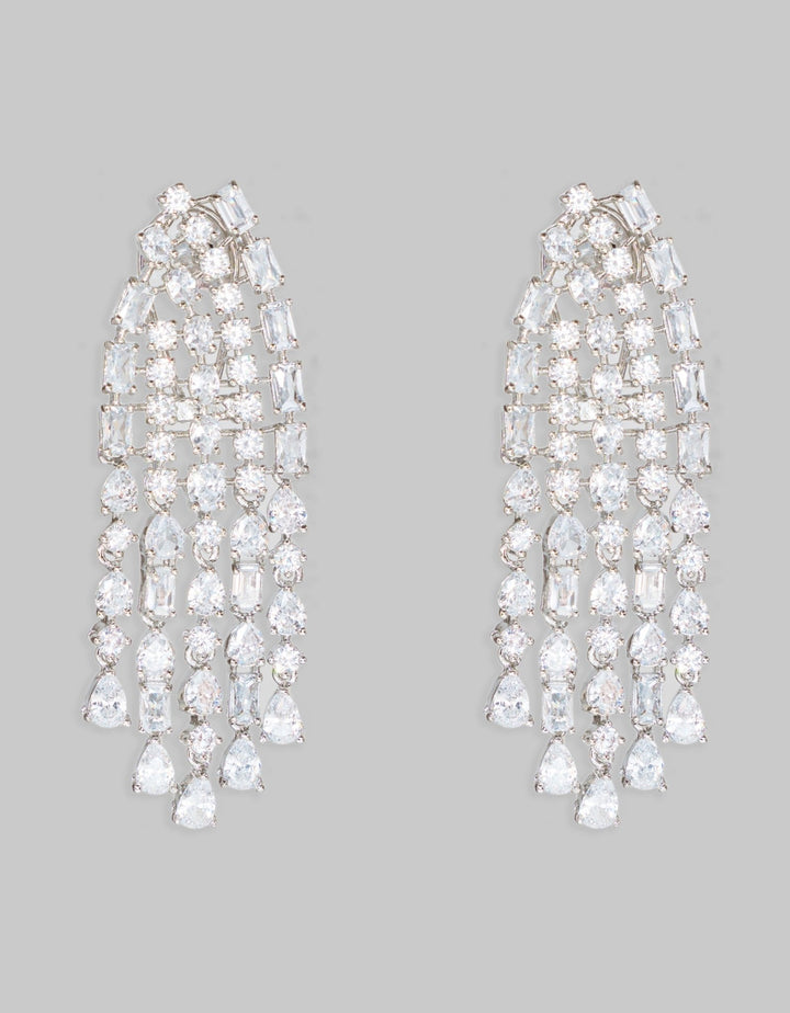 White Finish 5 String Long Diamond Dangler Earrings Zevar By Geeta - Fabilicious Fashion