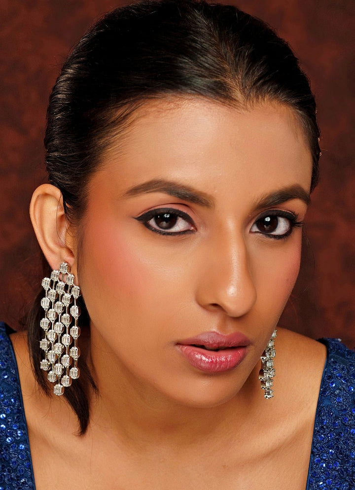 White Finish 5 String Long Diamond Dangler Earrings, Zevar By Geeta - Fabilicious Fashion