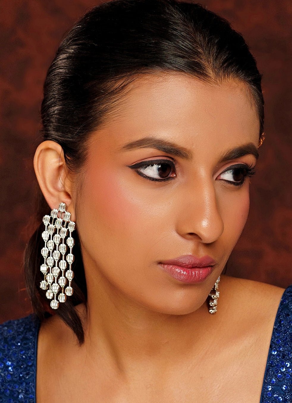 White Finish 5 String Long Diamond Dangler Earrings, Zevar By Geeta - Fabilicious Fashion