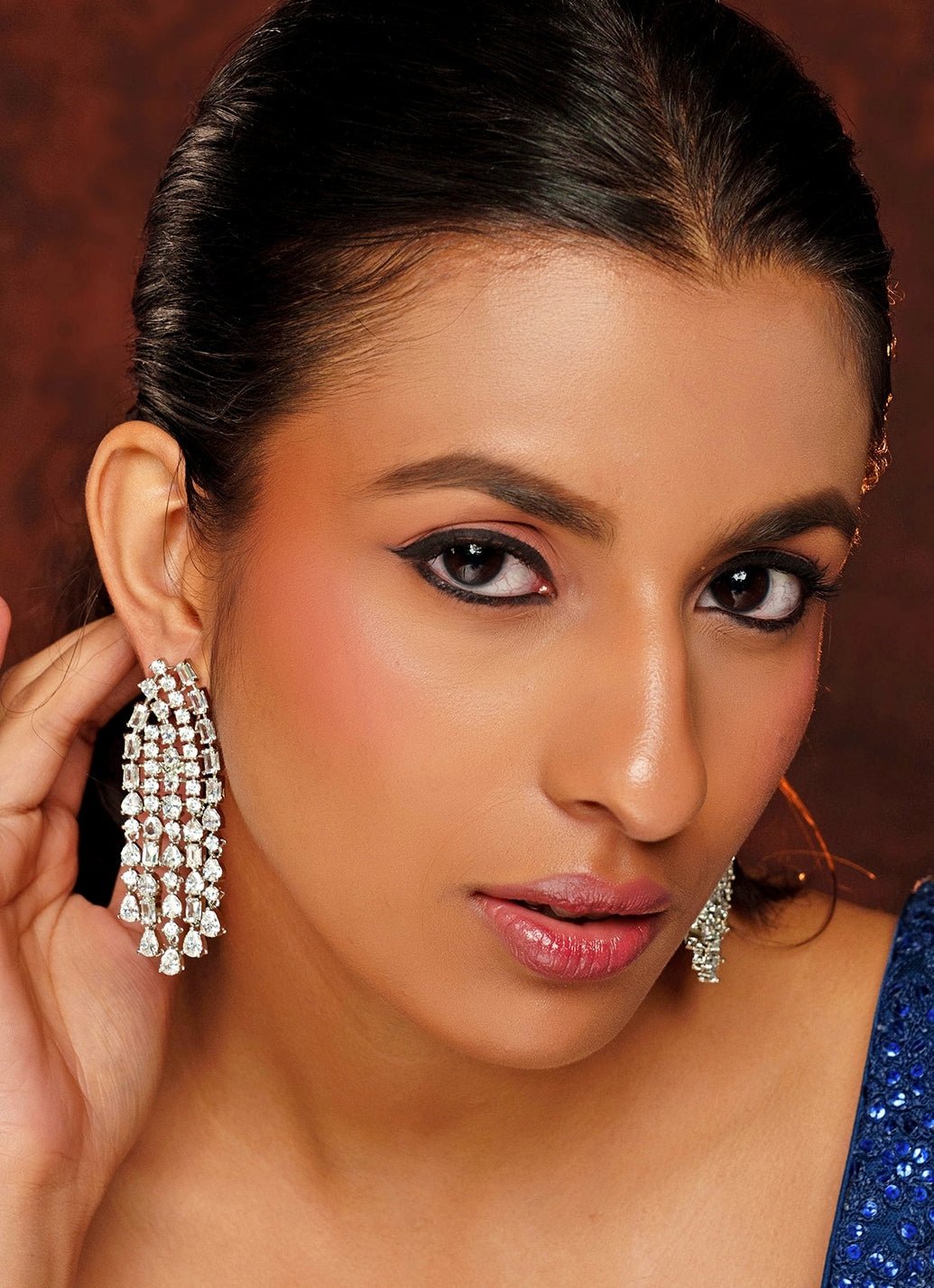 White Finish 5 String Long Diamond Dangler Earrings Zevar By Geeta - Fabilicious Fashion