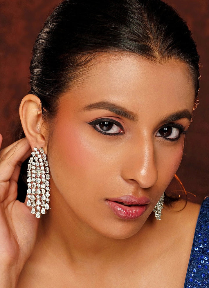 White Finish 5 String Long Diamond Dangler Earrings Zevar By Geeta - Fabilicious Fashion