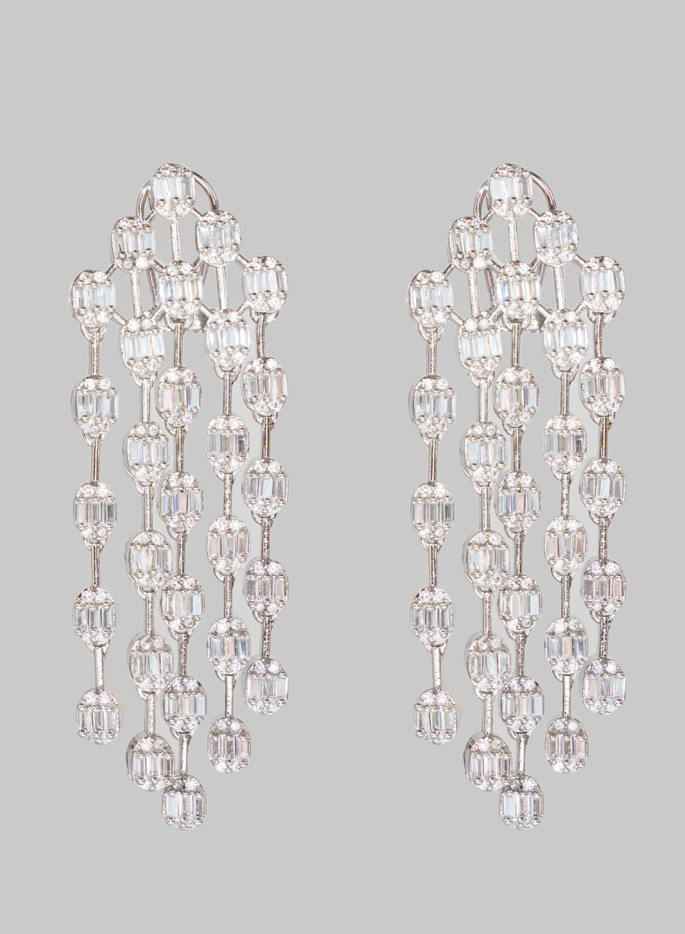 White Finish 5 String Long Diamond Dangler Earrings, Zevar By Geeta - Fabilicious Fashion