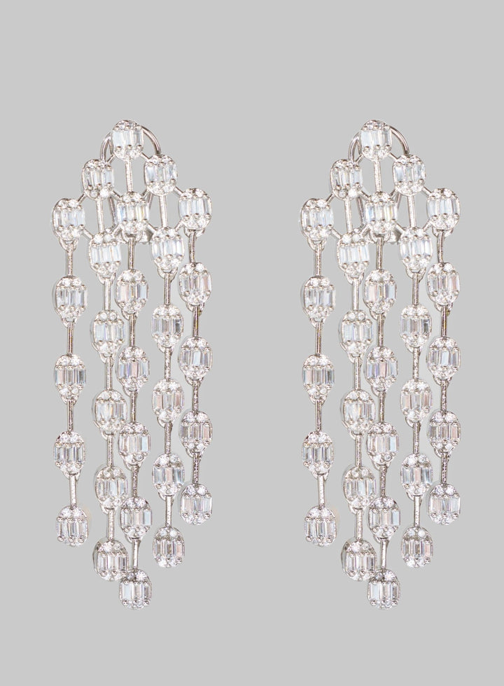 White Finish 5 String Long Diamond Dangler Earrings, Zevar By Geeta - Fabilicious Fashion