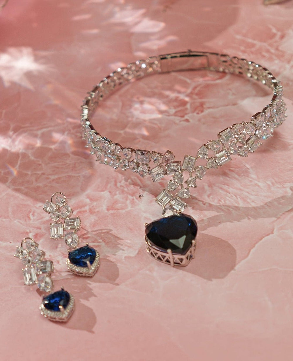 White Finish Blue Heart Diamond Choker Zevar By Geeta - Fabilicious Fashion