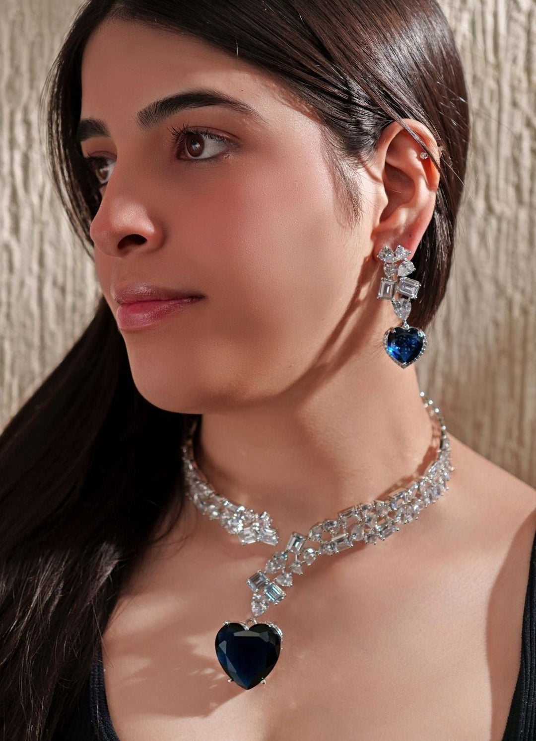 White Finish Blue Heart Diamond Choker Zevar By Geeta - Fabilicious Fashion