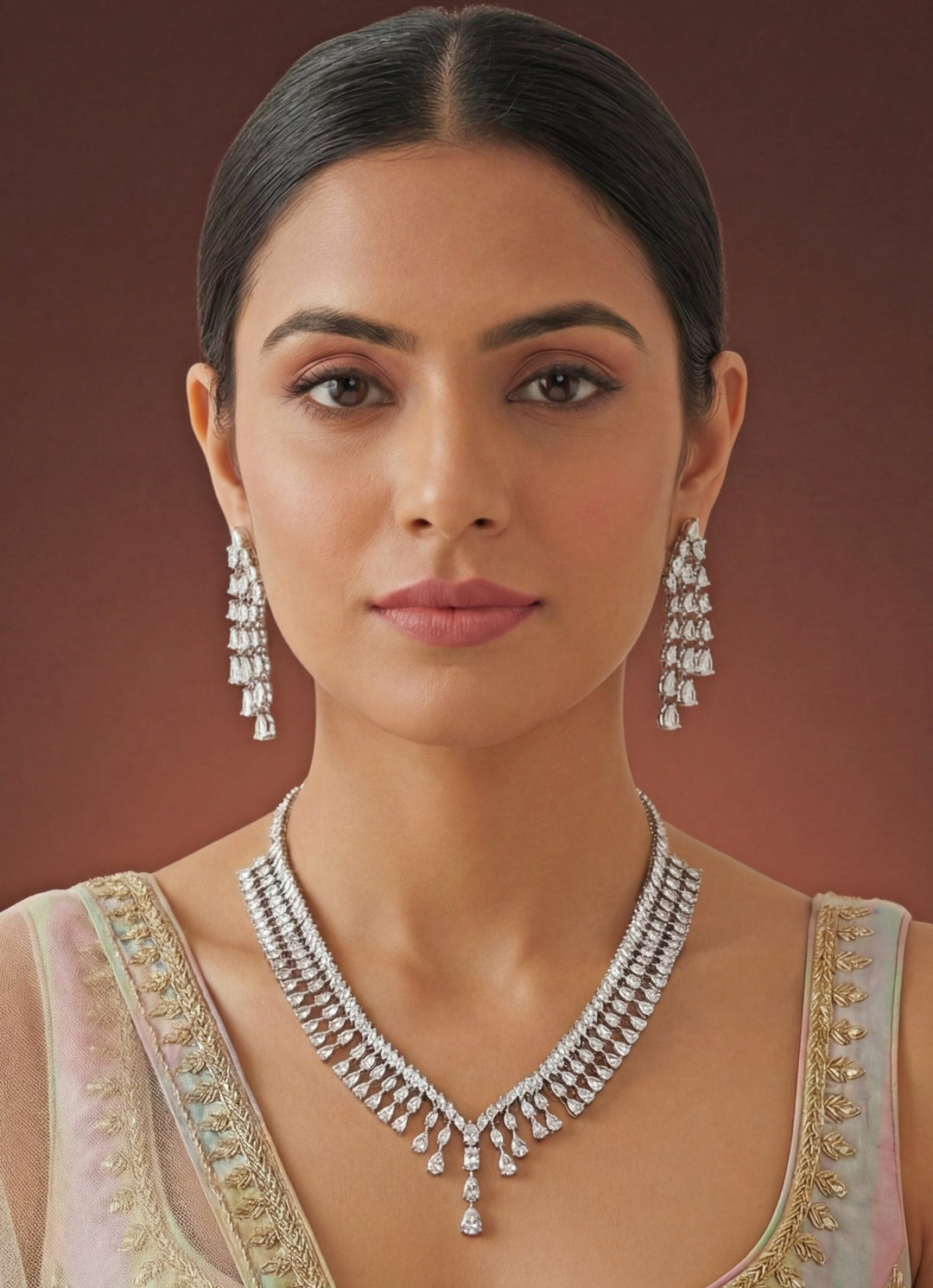 Zevar by Geeta White Finish Contemporary Diamond Necklace SetFabilicious Fashion