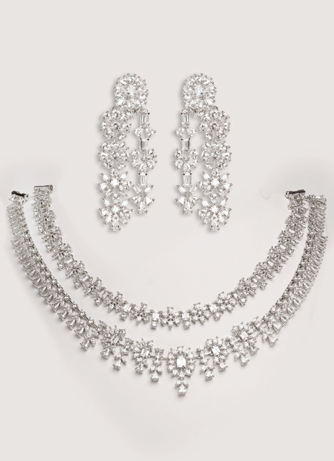White Finish Diamond 3 Layer Long Necklace Set Zevar by Geeta - Fabilicious Fashion