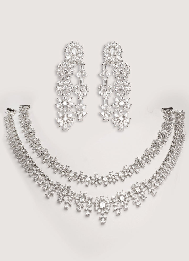 White Finish Diamond 3 Layer Long Necklace Set Zevar by Geeta - Fabilicious Fashion
