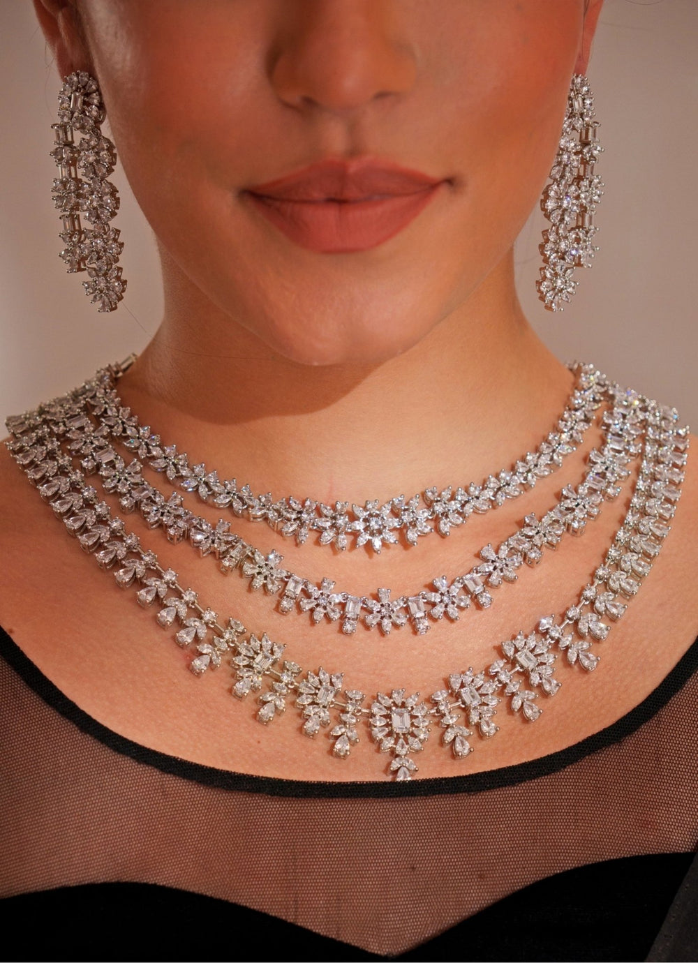 White Finish Diamond 3 Layer Long Necklace Set Zevar by Geeta - Fabilicious Fashion