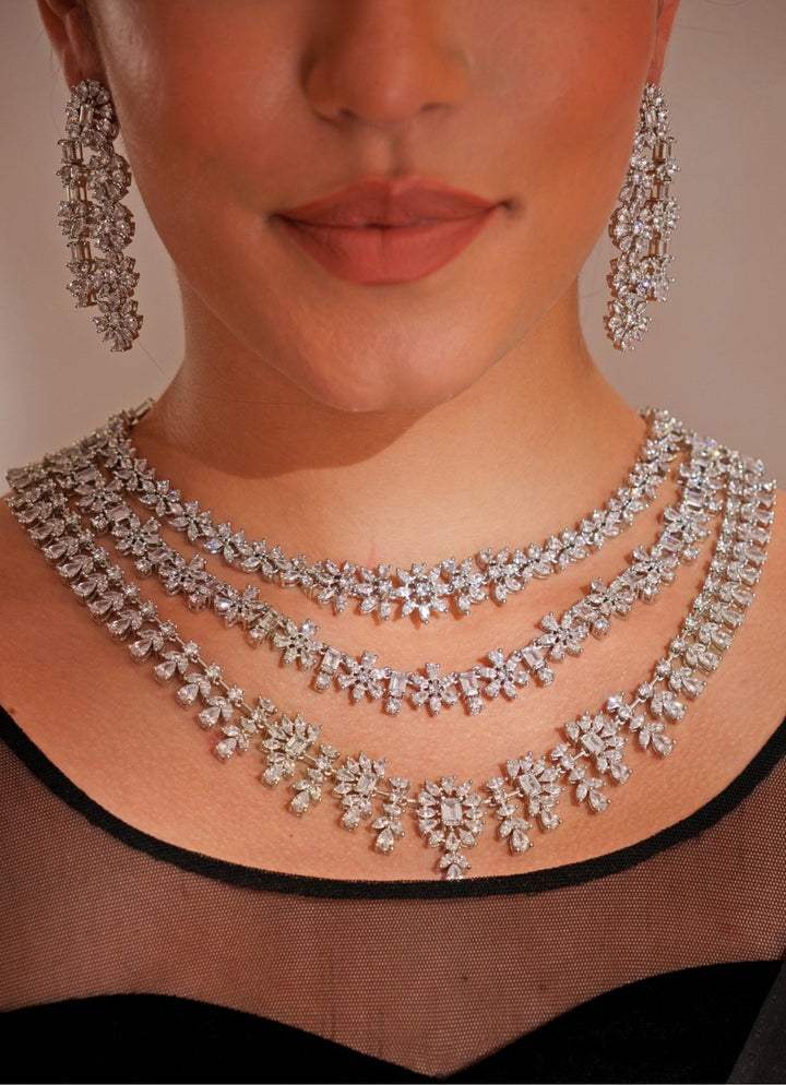 White Finish Diamond 3 Layer Long Necklace Set Zevar by Geeta - Fabilicious Fashion