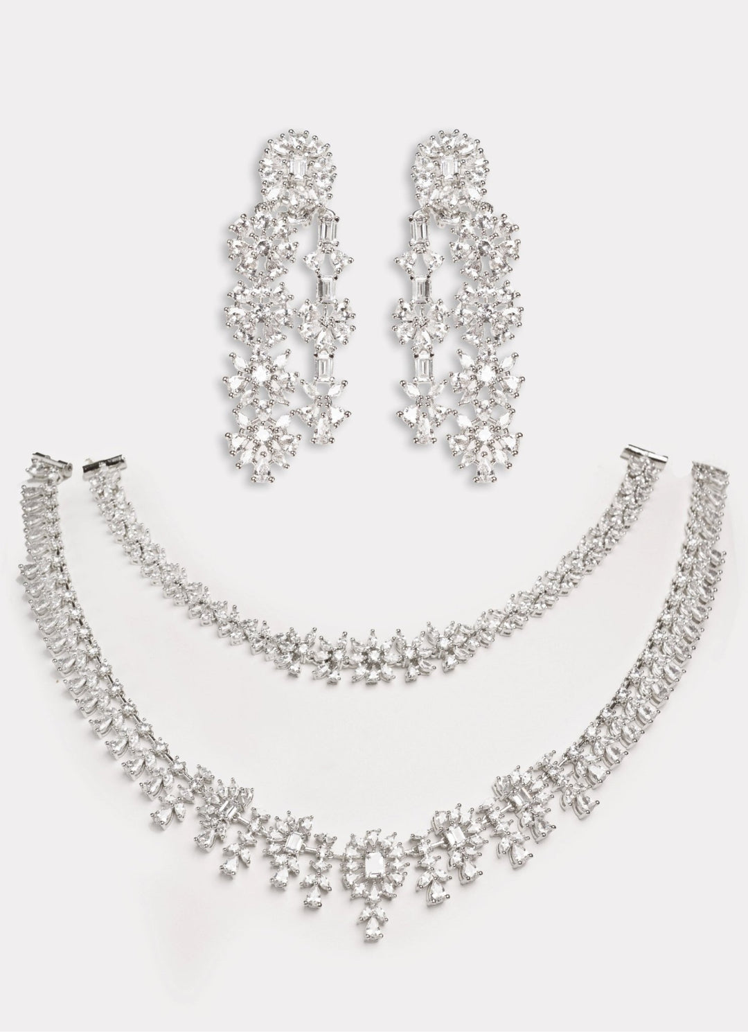White Finish Diamond 3 Layer Long Necklace Set Zevar by Geeta - Fabilicious Fashion